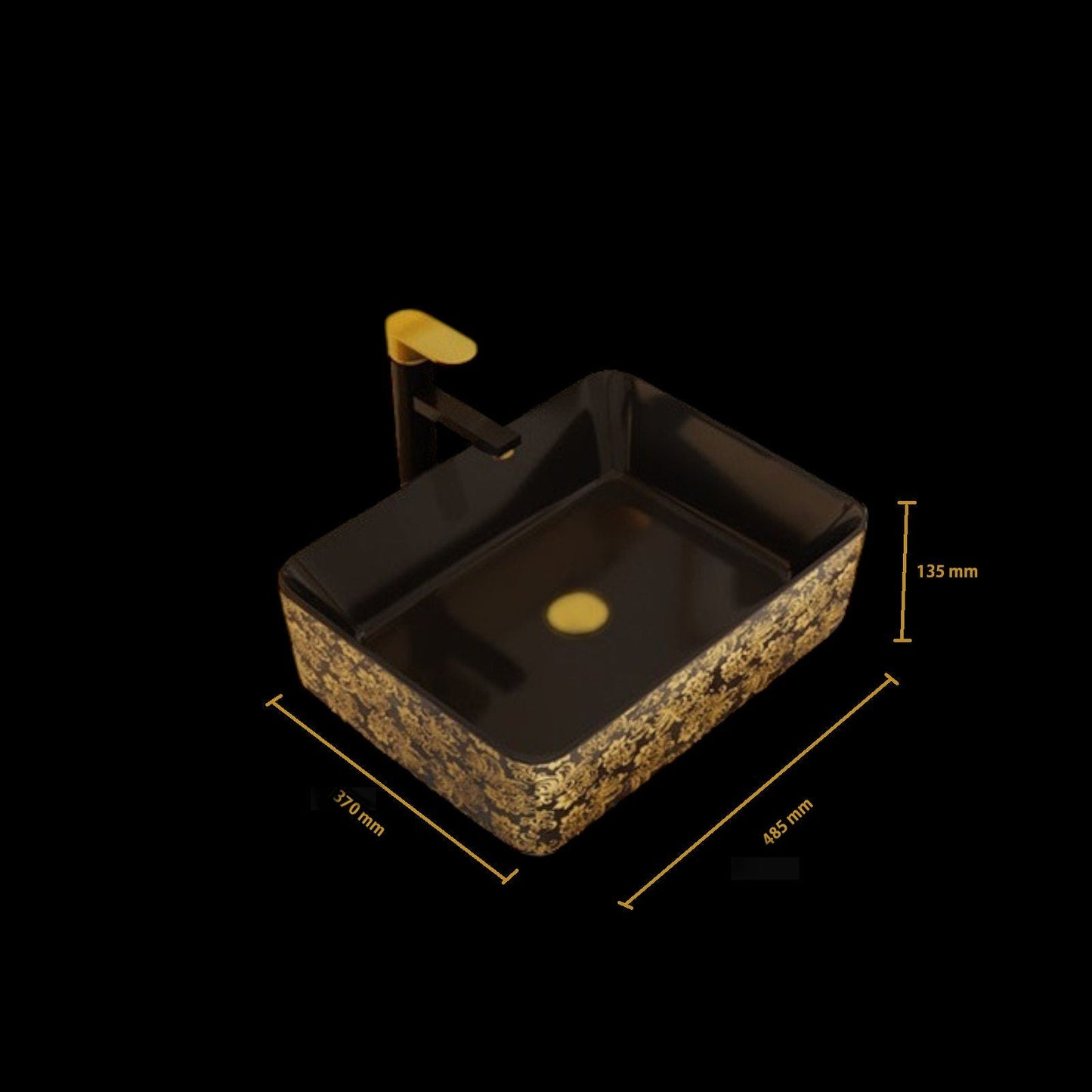 Black Ceramic Vanity Sink: Gold Floral Countertop Wash Basin - POPIKGROUP