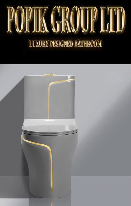 Luxury Grey and Gold Toilet — Designer One - Piece Bathroom Suite with Gold Trim - Toilet - POPIKGROUP