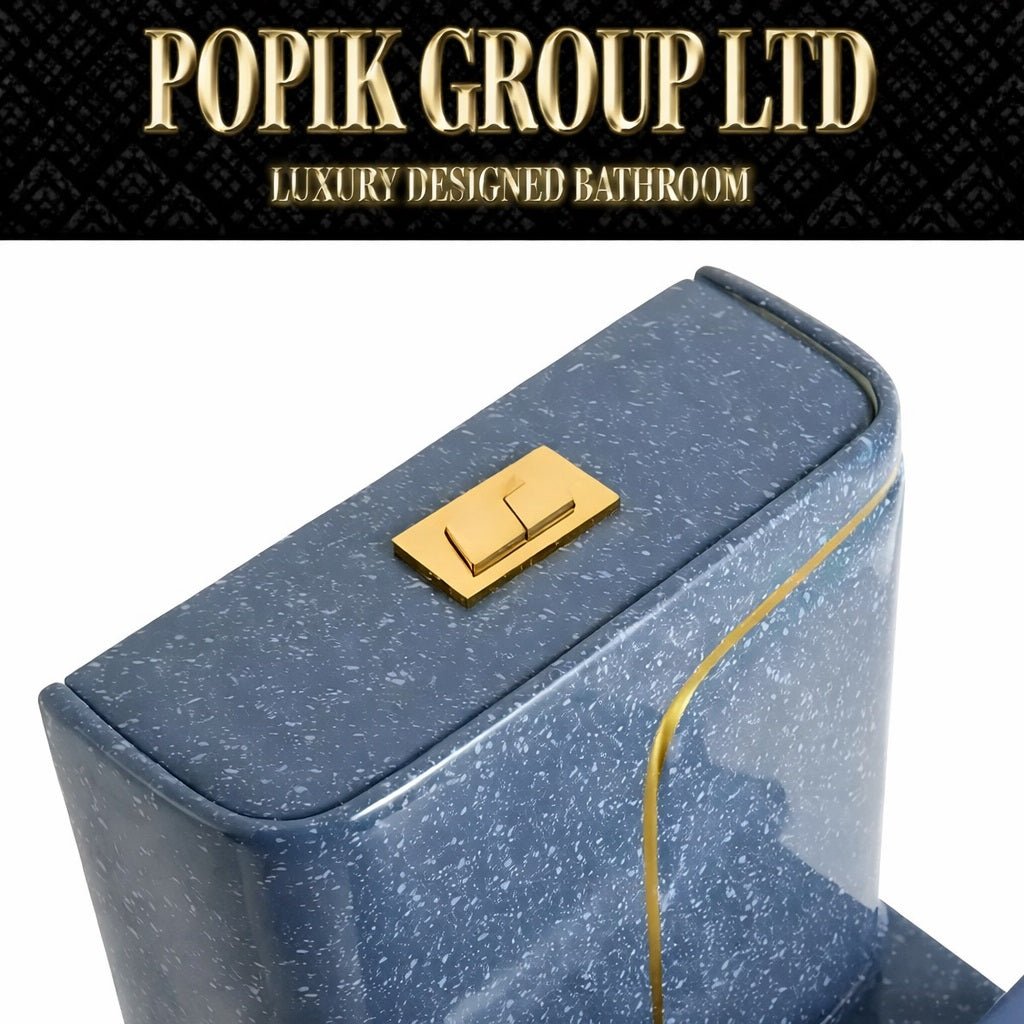Luxury Navy Blue Glitter and Gold Toilet — Designer One - Piece Bathroom Suite with Gold Trim - Toilet - POPIKGROUP