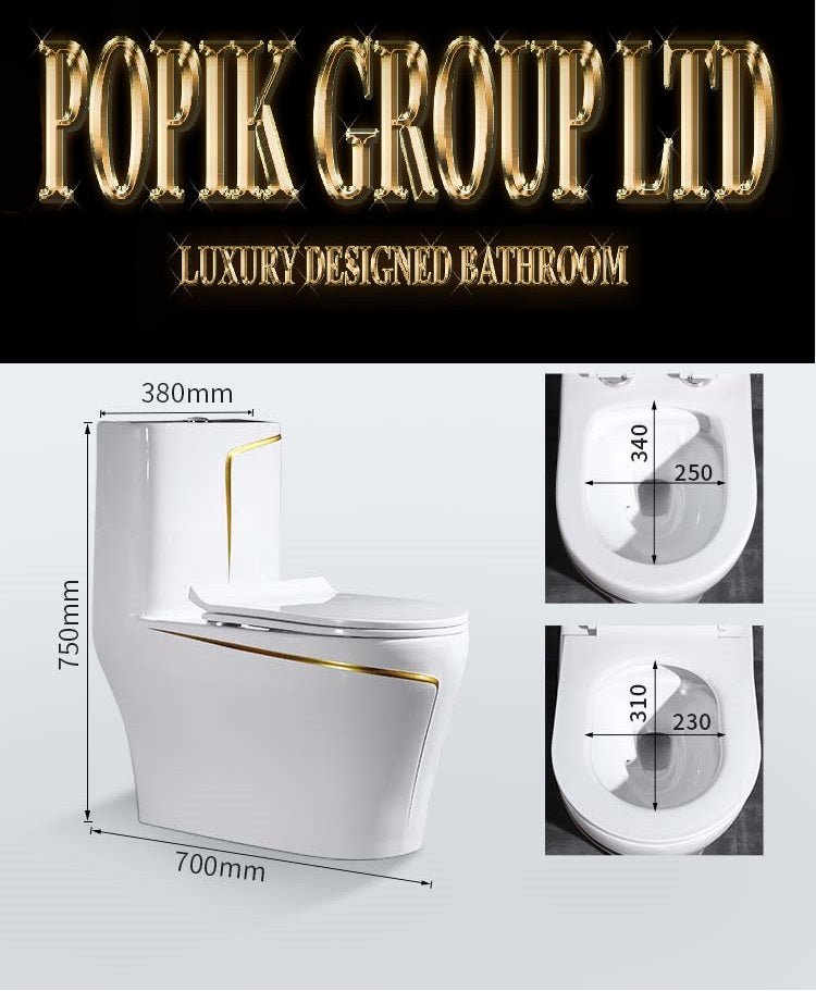 Luxury White and Gold Toilet — Designer One - Piece Bathroom Suite with Gold Trim - Toilet - POPIKGROUP