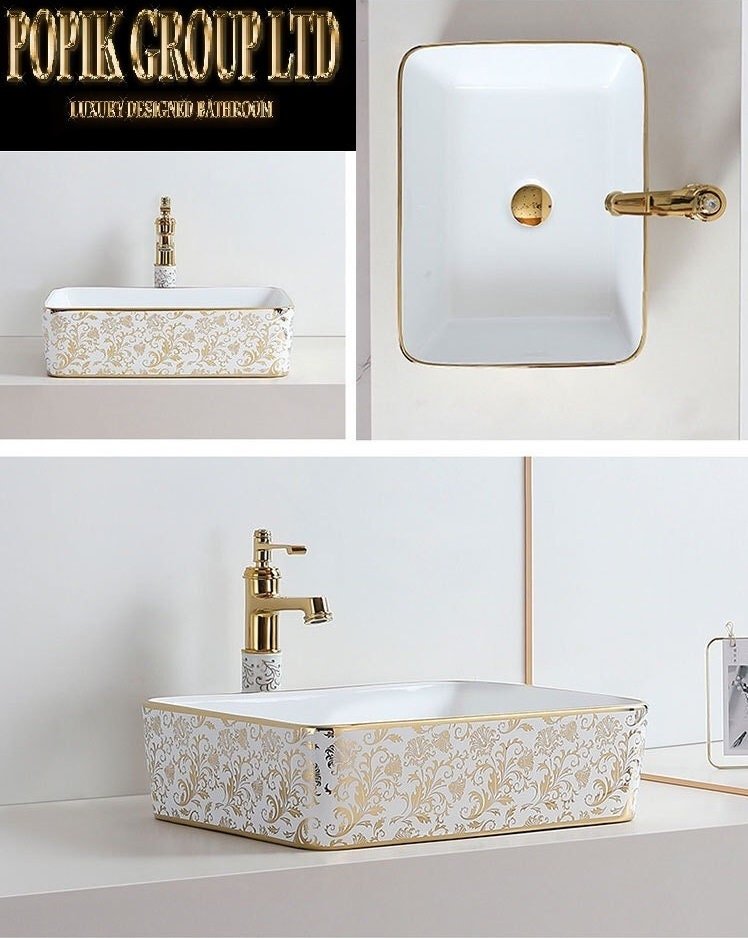 White Gold Floral Ceramic Bathroom Sink with Gold Faucet - POPIKGROUP