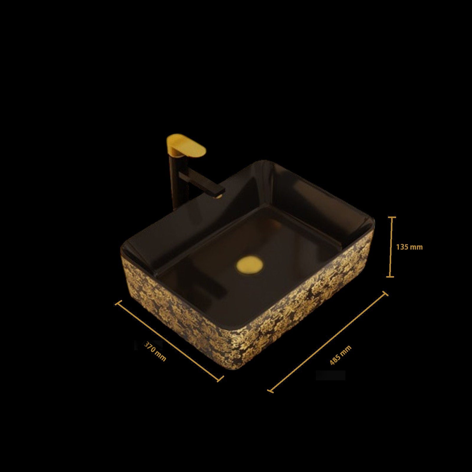 Black Ceramic Vanity Sink: Gold Floral Countertop Wash Basin - POPIKGROUP