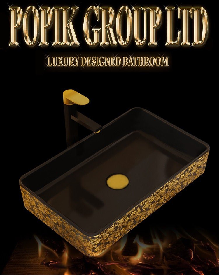 Black Ceramic Vanity Sink: Gold Floral Countertop Wash Basin - POPIKGROUP