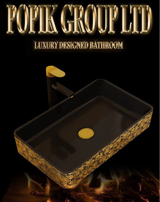 Black Ceramic Vanity Sink: Gold Floral Countertop Wash Basin - POPIKGROUP