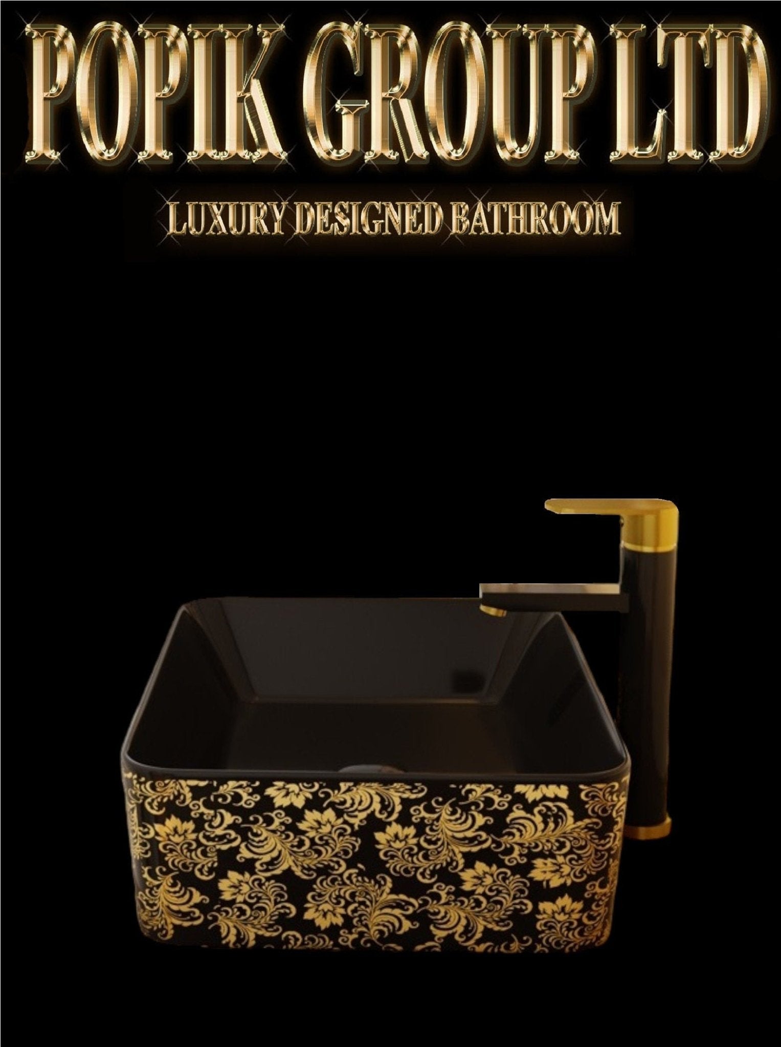 Black Ceramic Vanity Sink: Gold Floral Countertop Wash Basin - POPIKGROUP