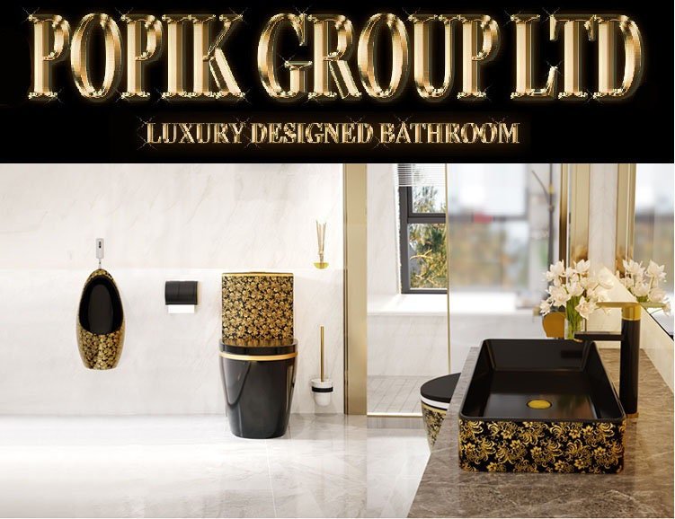 Black Ceramic Vanity Sink: Gold Floral Countertop Wash Basin - POPIKGROUP