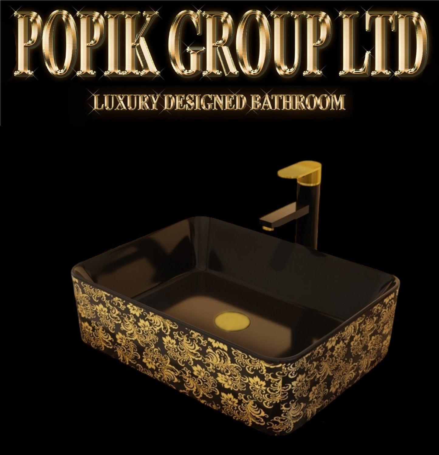 Black Ceramic Vanity Sink: Gold Floral Countertop Wash Basin - POPIKGROUP