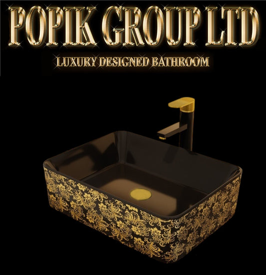 Black Ceramic Vanity Sink: Gold Floral Countertop Wash Basin - POPIKGROUP