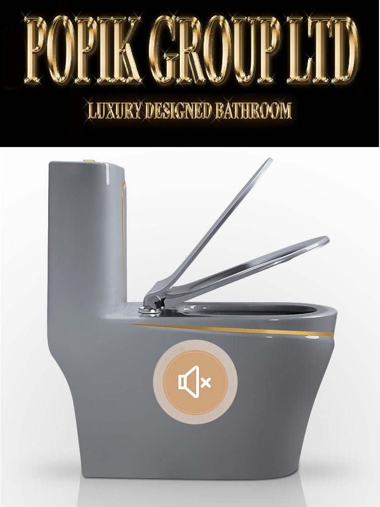 Luxury Grey and Gold Toilet — Designer One - Piece Bathroom Suite with Gold Trim - Toilet - POPIKGROUP