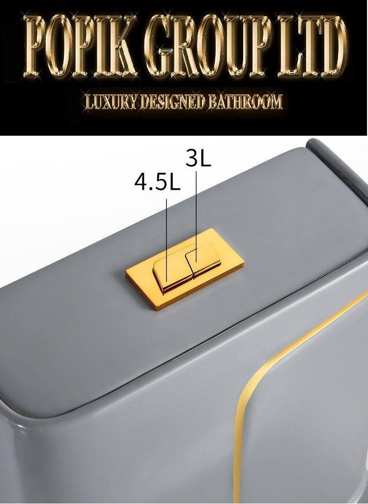 Luxury Grey and Gold Toilet — Designer One - Piece Bathroom Suite with Gold Trim - Toilet - POPIKGROUP
