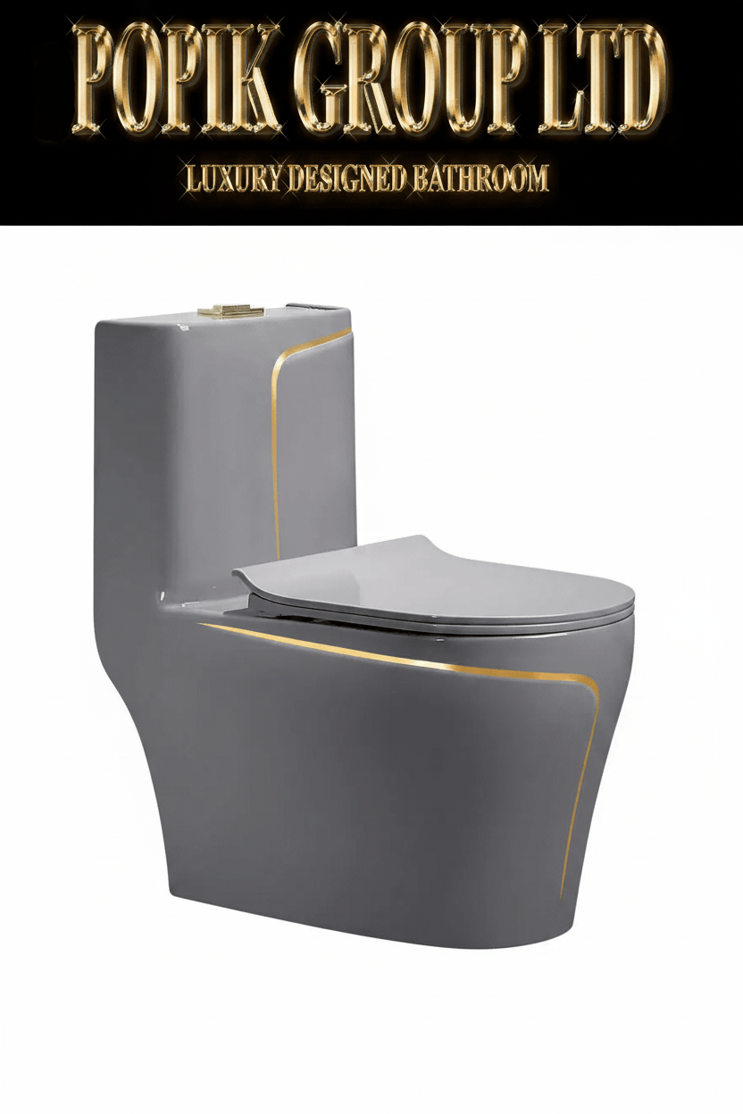 Luxury Grey and Gold Toilet — Designer One - Piece Bathroom Suite with Gold Trim - Toilet - POPIKGROUP