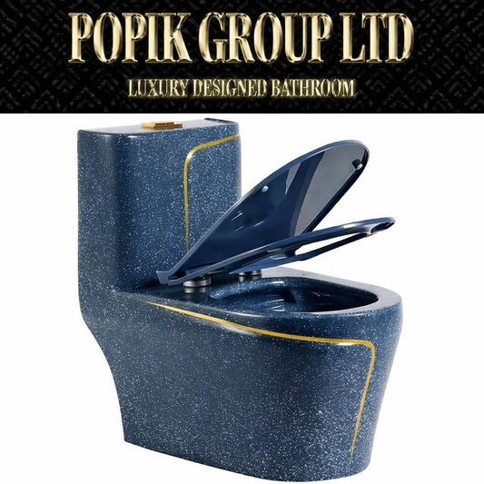 Luxury Navy Blue Glitter and Gold Toilet — Designer One - Piece Bathroom Suite with Gold Trim - Toilet - POPIKGROUP