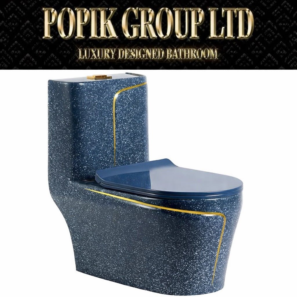 Luxury Navy Blue Glitter and Gold Toilet — Designer One - Piece Bathroom Suite with Gold Trim - Toilet - POPIKGROUP