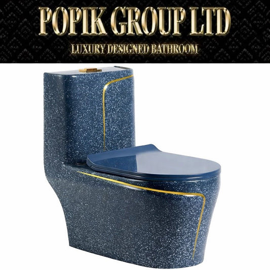 Luxury Navy Blue Glitter and Gold Toilet — Designer One - Piece Bathroom Suite with Gold Trim - Toilet - POPIKGROUP