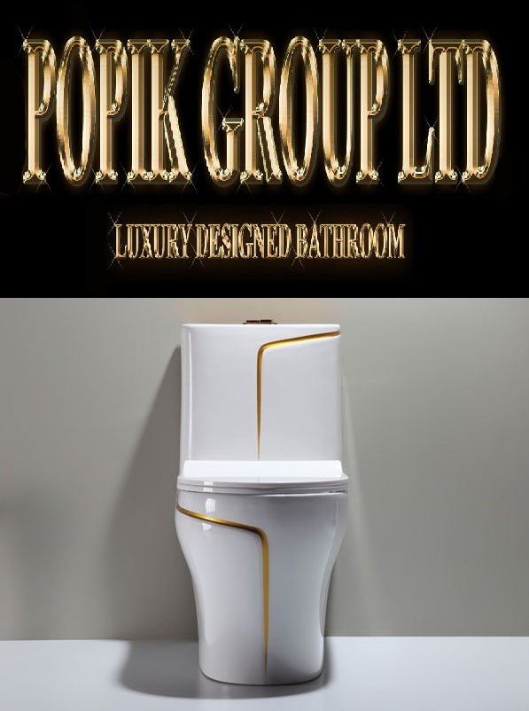 Luxury White and Gold Toilet — Designer One - Piece Bathroom Suite with Gold Trim - Toilet - POPIKGROUP