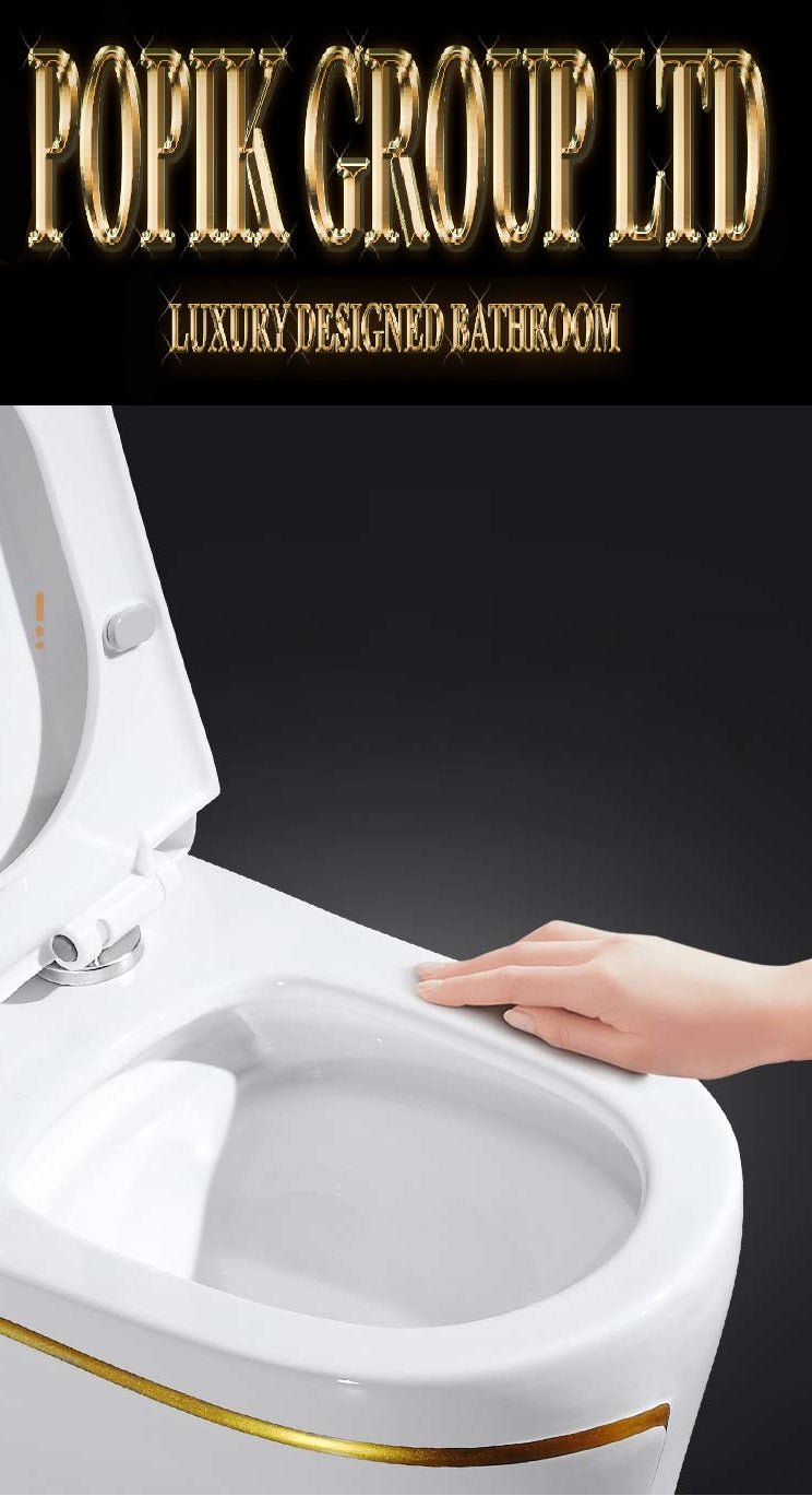 Luxury White and Gold Toilet — Designer One - Piece Bathroom Suite with Gold Trim - Toilet - POPIKGROUP