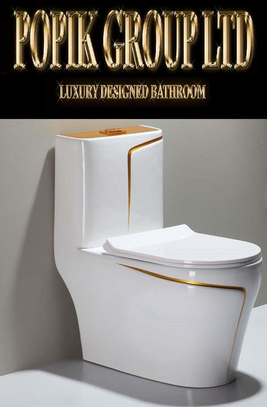 Luxury White and Gold Toilet — Designer One - Piece Bathroom Suite with Gold Trim - Toilet - POPIKGROUP
