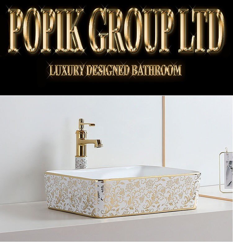 White Gold Floral Ceramic Bathroom Sink with Gold Faucet - POPIKGROUP