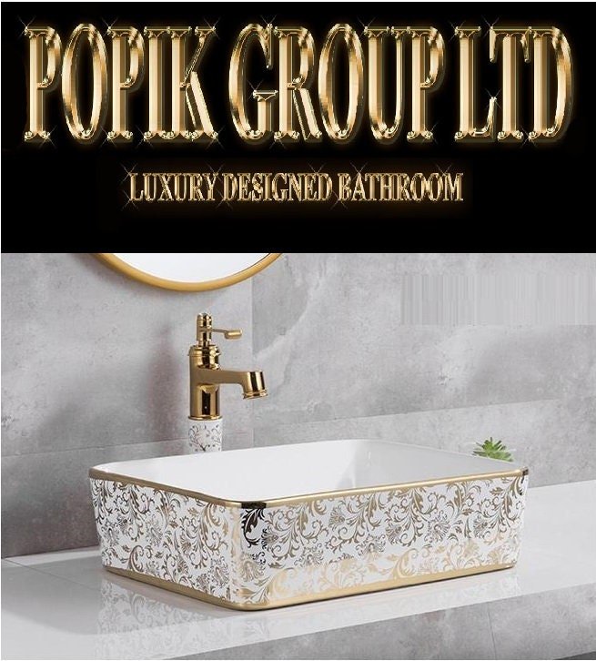 White Gold Floral Ceramic Bathroom Sink with Gold Faucet - POPIKGROUP