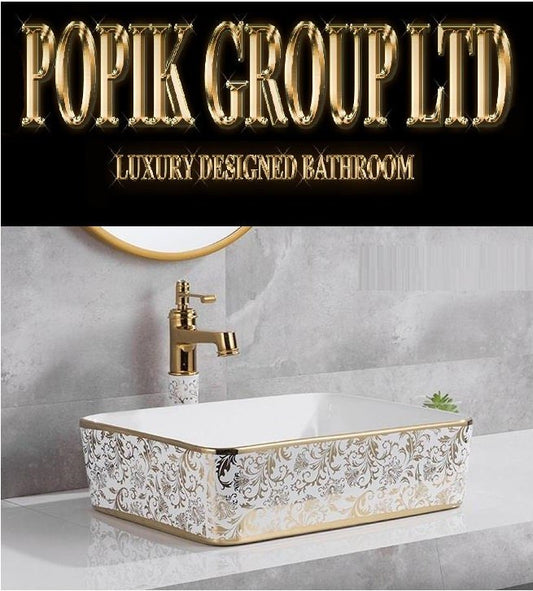 White Gold Floral Ceramic Bathroom Sink with Gold Faucet - POPIKGROUP