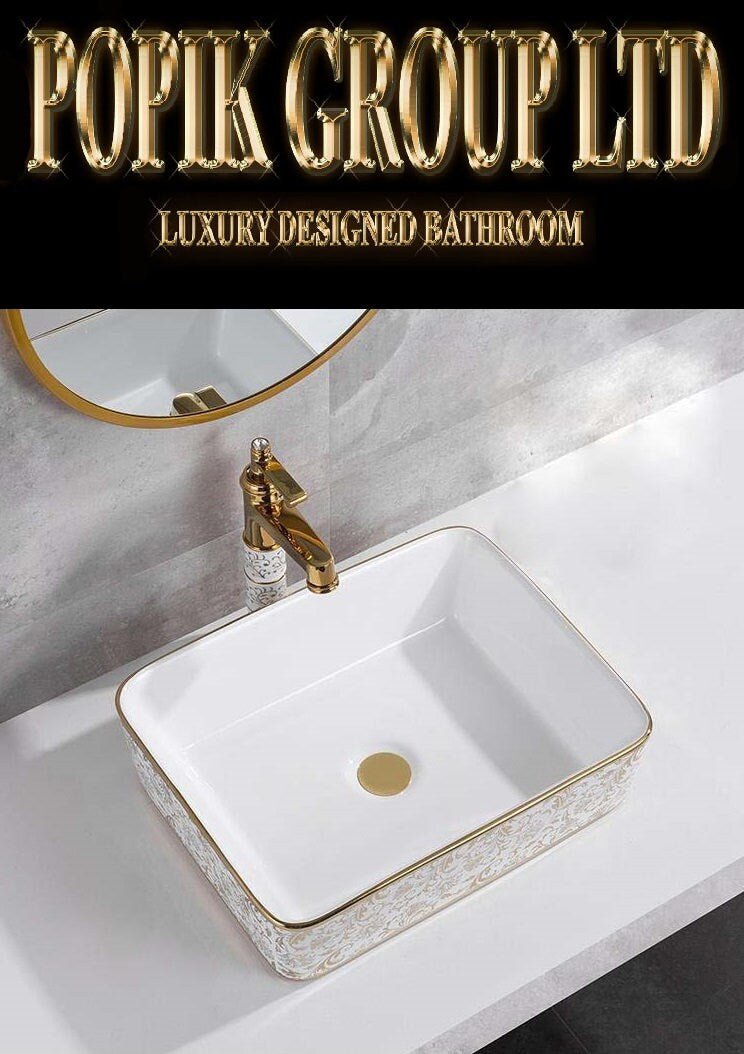 White Gold Floral Ceramic Bathroom Sink with Gold Faucet - POPIKGROUP