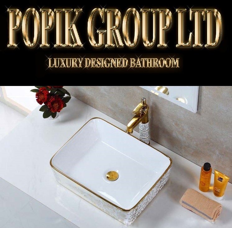White Gold Floral Ceramic Bathroom Sink with Gold Faucet - POPIKGROUP