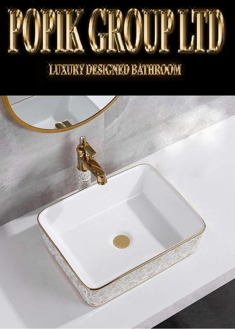 White Gold Floral Ceramic Bathroom Sink with Gold Faucet - POPIKGROUP