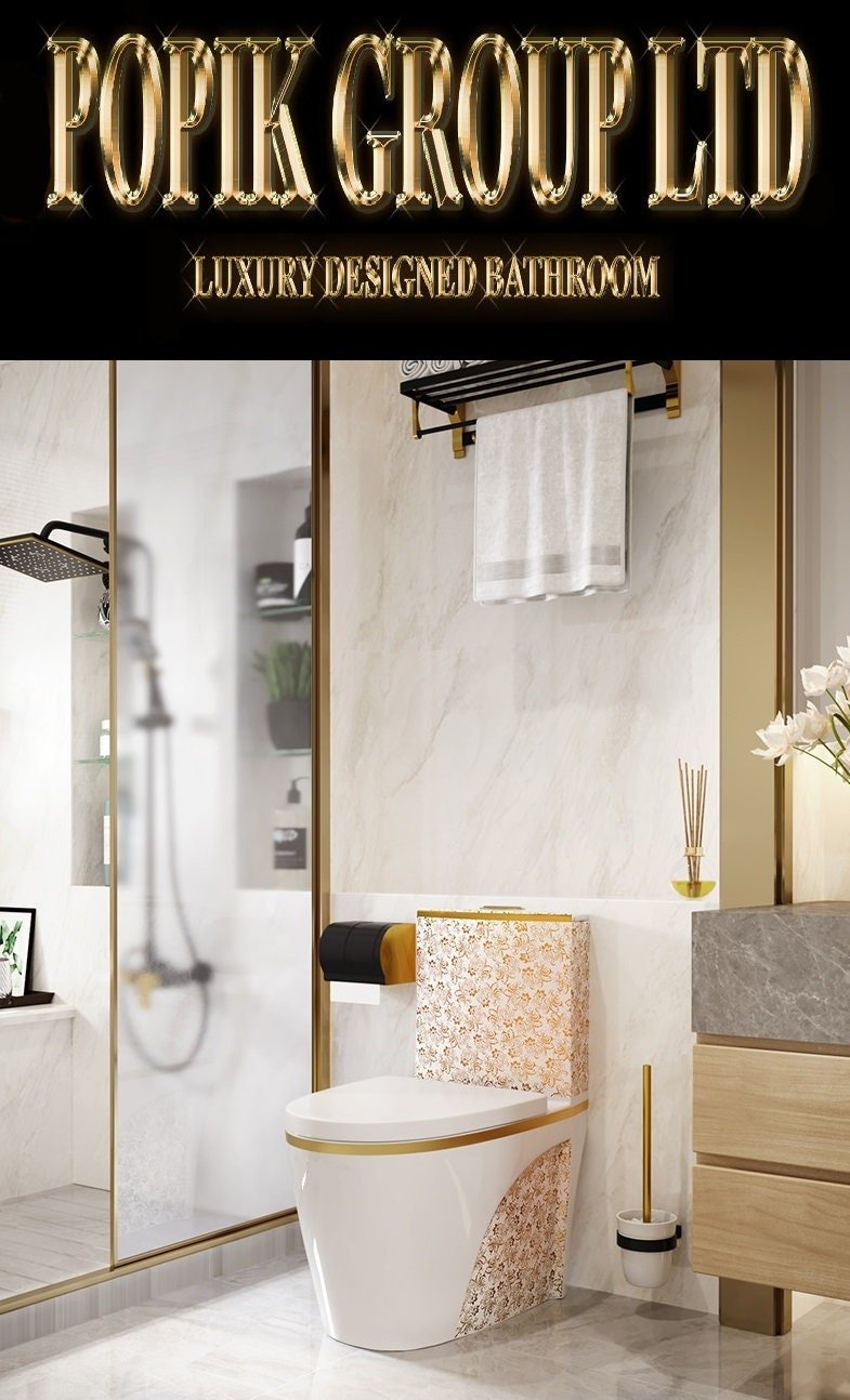 White Toilet with Gold Flowers: Luxury Ceramic Bathroom Decor - POPIKGROUP