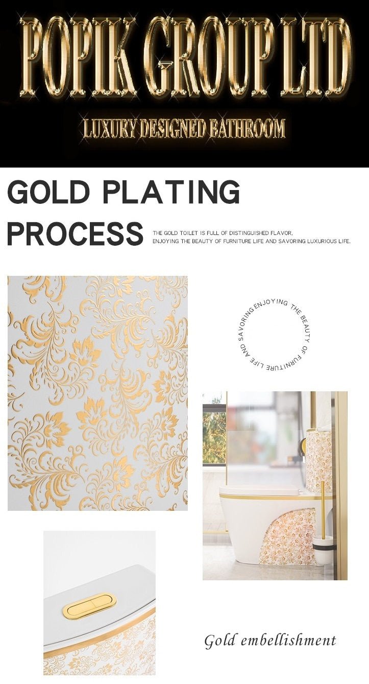 White Toilet with Gold Flowers: Luxury Ceramic Bathroom Decor - POPIKGROUP