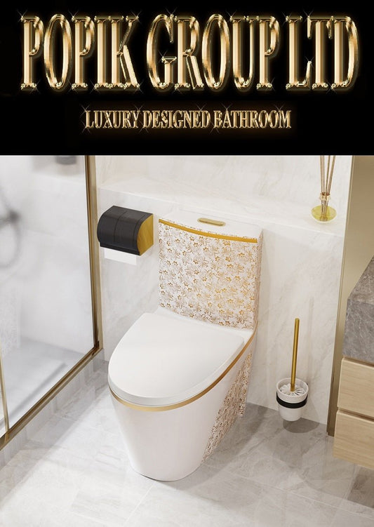 White Toilet with Gold Flowers: Luxury Ceramic Bathroom Decor - POPIKGROUP