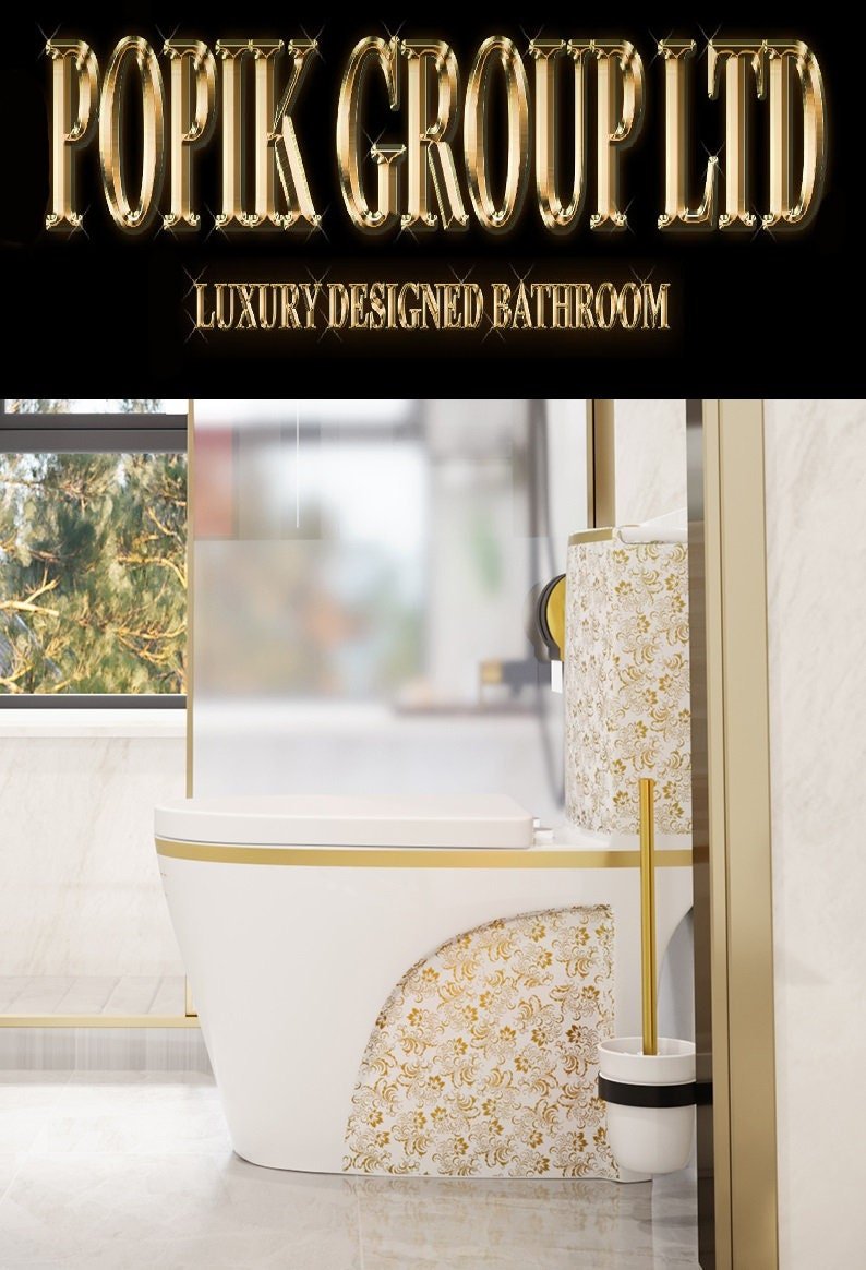 White Toilet with Gold Flowers: Luxury Ceramic Bathroom Decor - POPIKGROUP